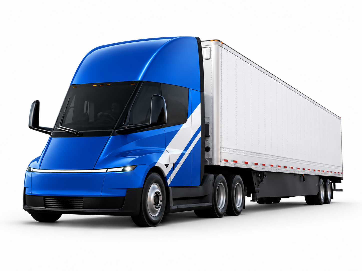 Blue Tesla Semi tractor with white trailer on a clean white background