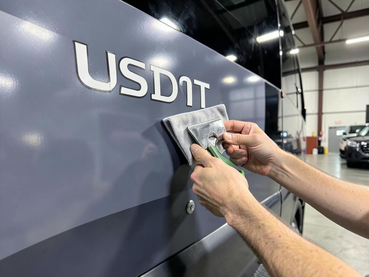 Squeegee smoothing USDOT number lettering onto a truck door