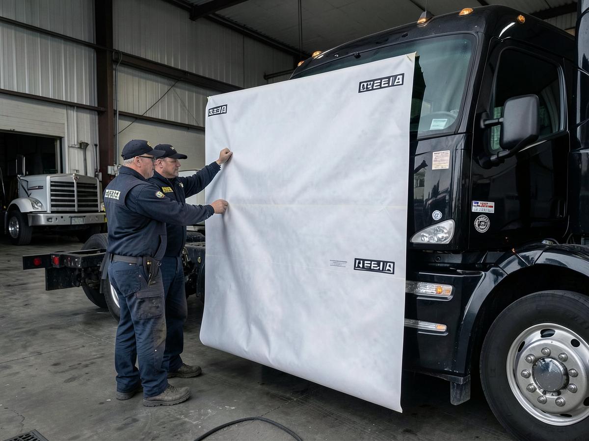 Installer peeling backing from a numbered wrap panel beside a Semi tractor