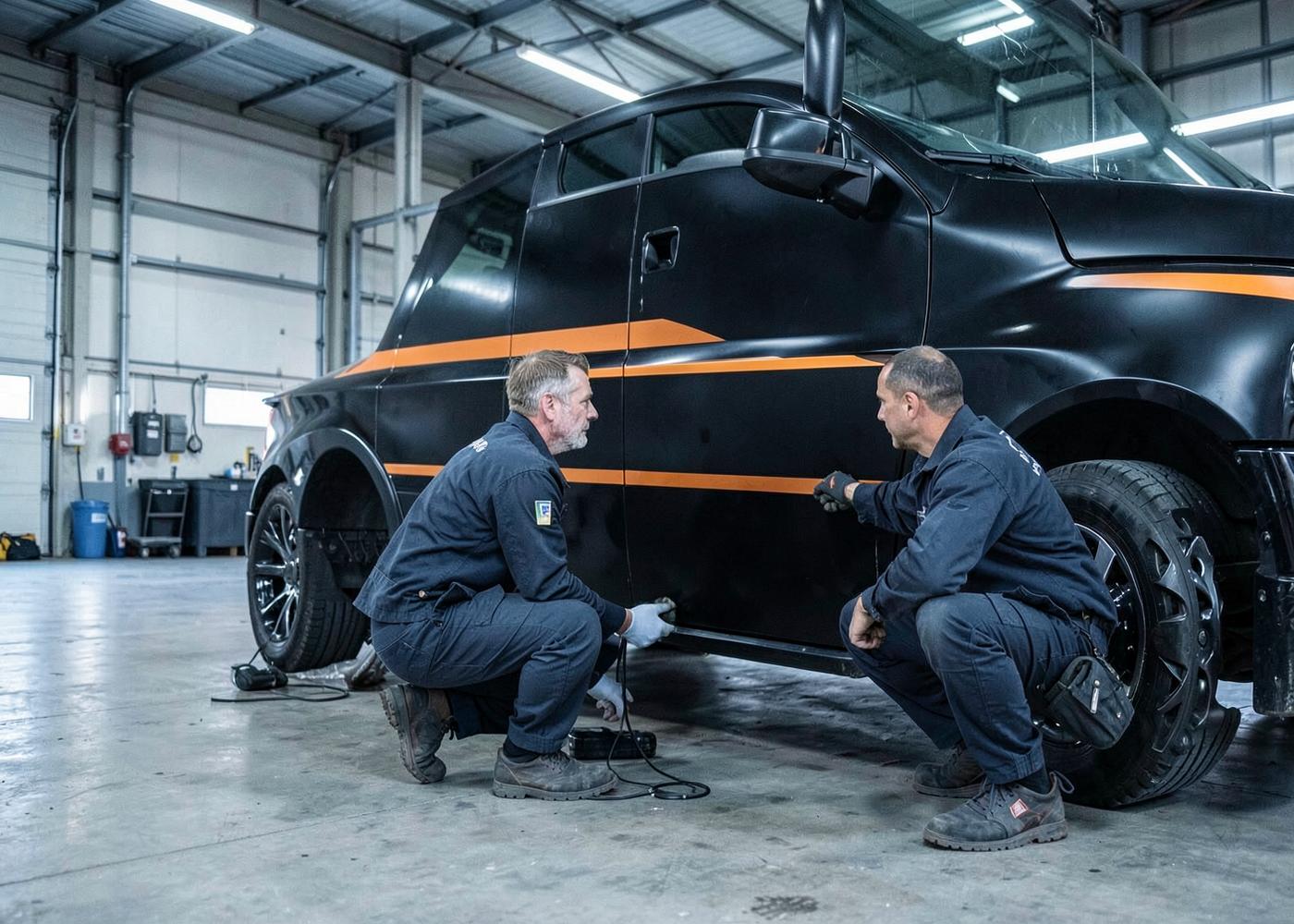 Two installers fitting an accent wrap panel to a truck cab in a workshop